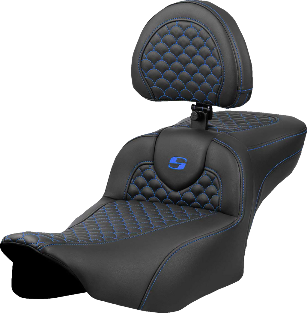 SADDLEMEN Roadsofa™ Extended Reach Seat - Dragon Scale Stitch - Blue Stitch - w/ Backrest - FLTR/FLHX '23-'24 823-07-209B1 — image 1