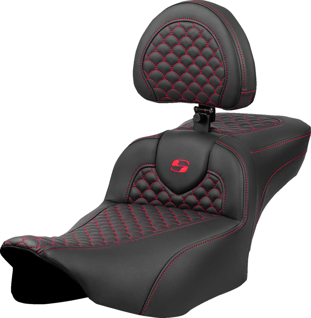 SADDLEMEN Roadsofa™ Extended Reach Seat - Dragon Scale Stitch - Red Stitch - w/ Backrest - FLTR/FLHX '23-'24 823-07-209B4 — image 1