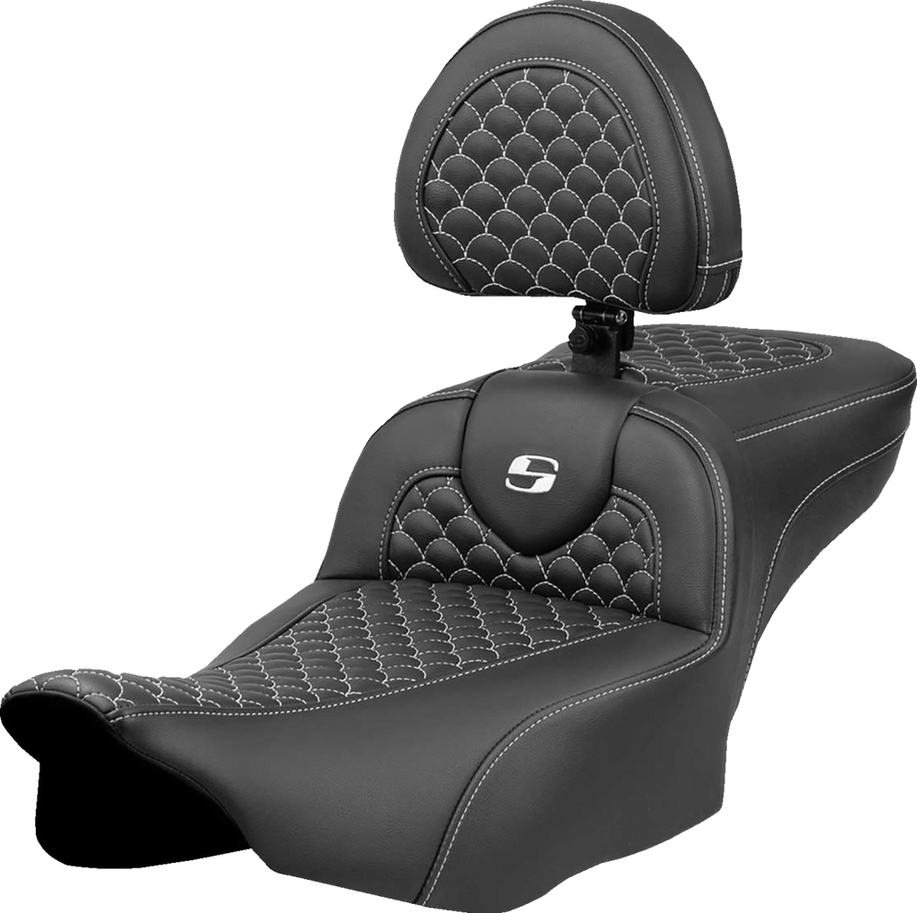 SADDLEMEN Roadsofa™ Extended Reach Seat - Dragon Scale Stitch - White Stitch - w/ Backrest - FLTR/FLHX '23-'24 823-07-209B6 — image 1
