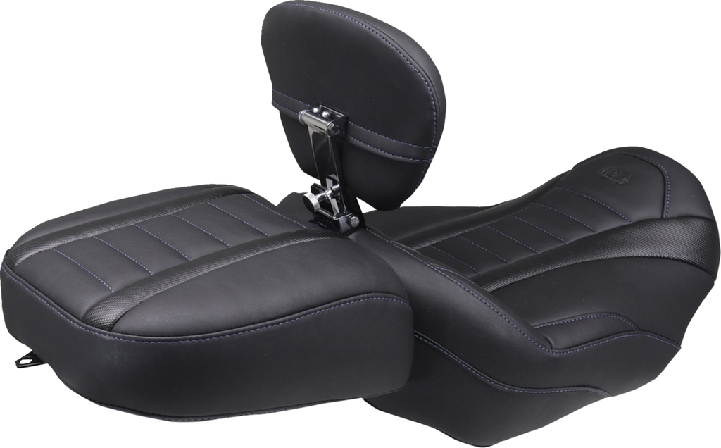MUSTANG Deluxe Touring Solo Seat - w/ Backrest - Sky Blue Stitch - FLT/FLH '23-'25 89401SB — image 2