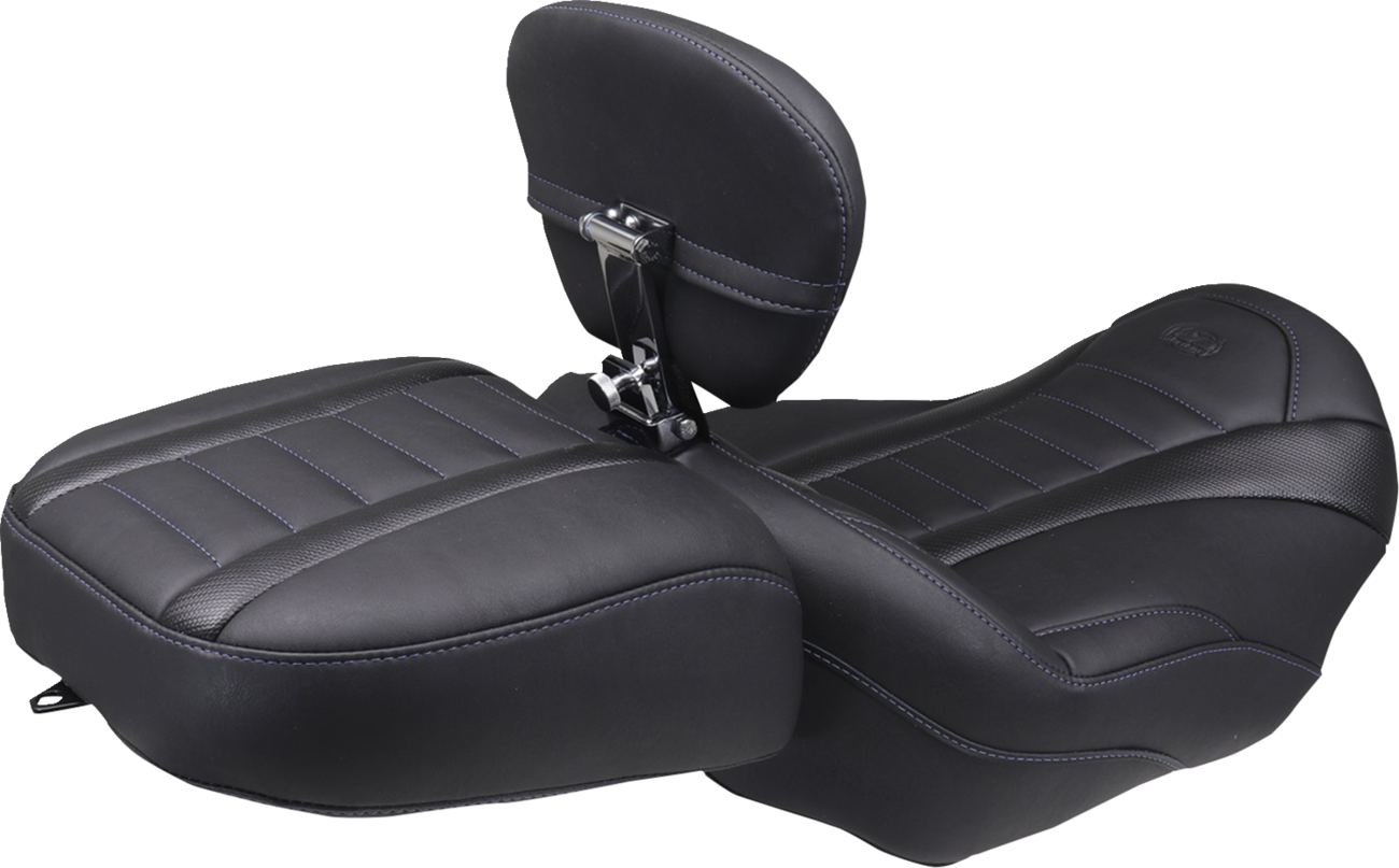 MUSTANG Deluxe Touring Solo Seat - w/ Backrest - Sky Blue Stitch - FLT/FLH '23-'25 89401SB — image 2