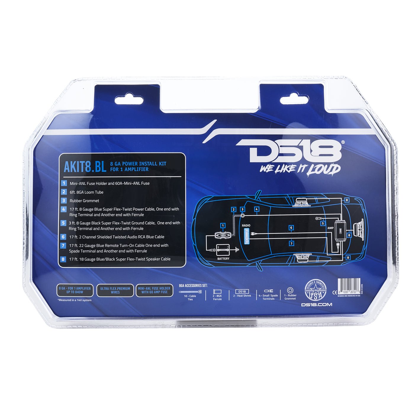 DS18 AKIT8.BL 8-GA Amplifier Installation Wiring Kit - Blue — image 6