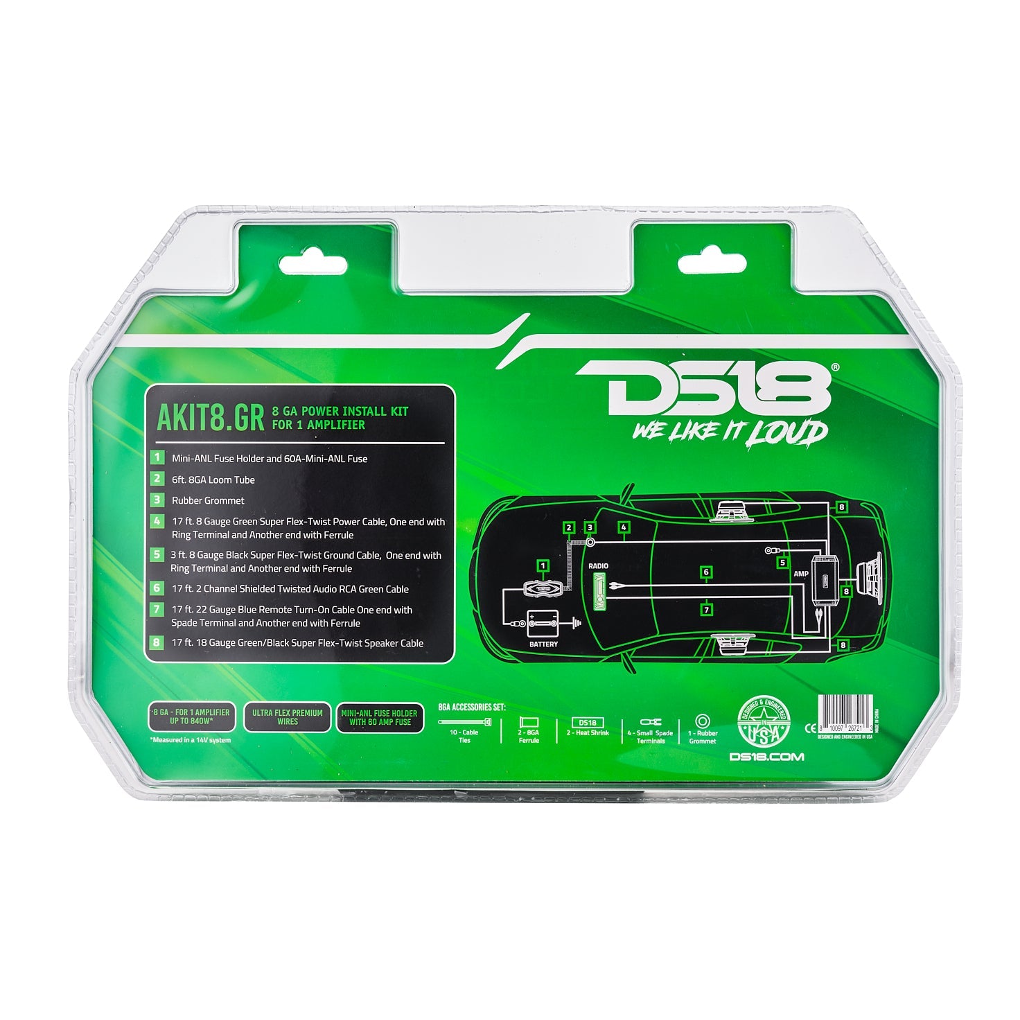 DS18 AKIT8.GR 8-GA Amplifier Installation Wiring Kit - Green — image 6