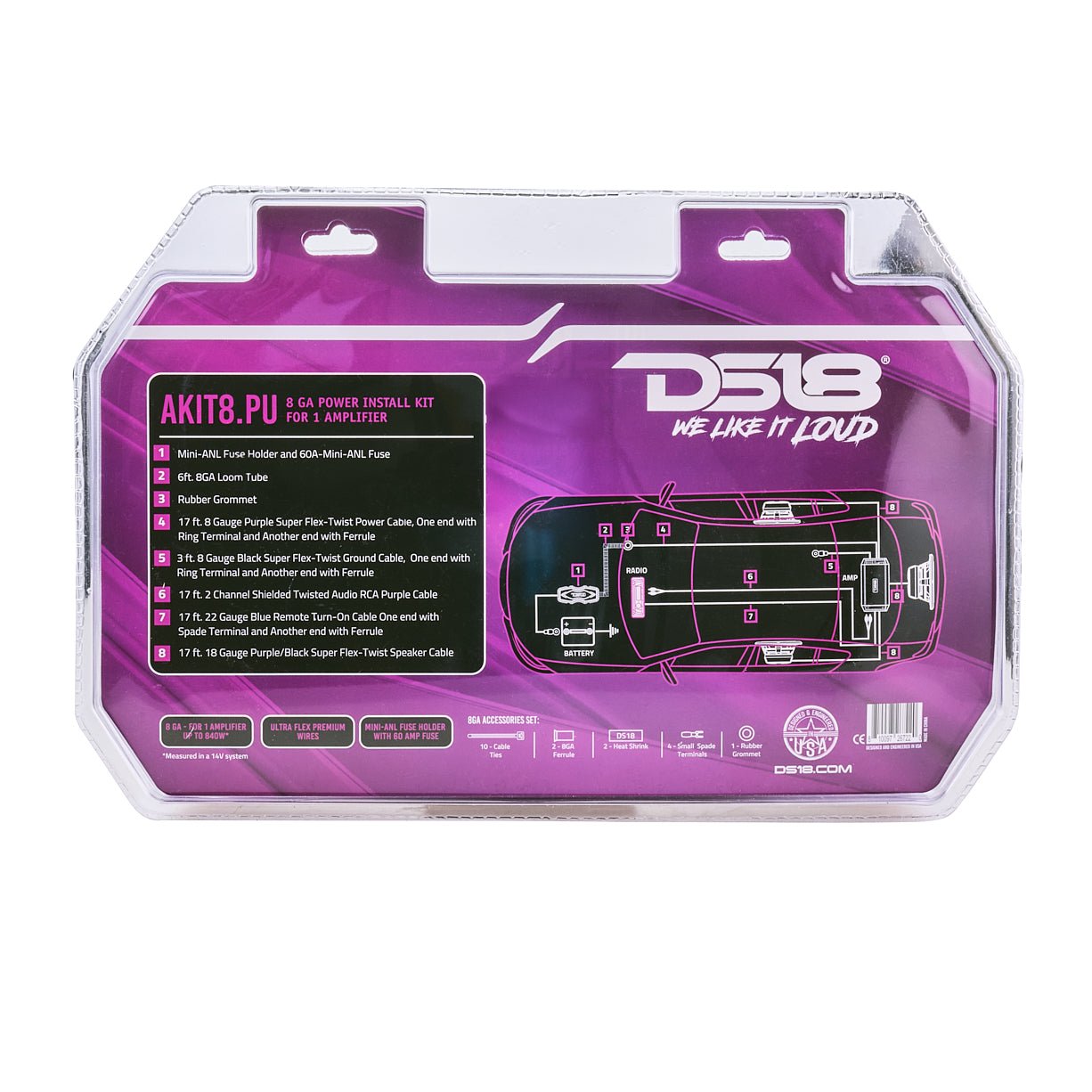 DS18 AKIT8.PU 8-GA Amplifier Installation Wiring Kit - Purple — image 6