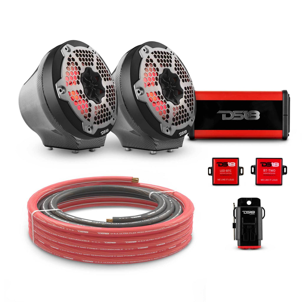 DS18 CF-JS6PKG/MBK 6.5" Loaded Flat Mount Speaker Pods with Amplifier, Installation Kit and RGB LED Lights, Package for Can-Am Spyder & Ryker — Carbon Fiber / Black w/ Metal Grill — image 1