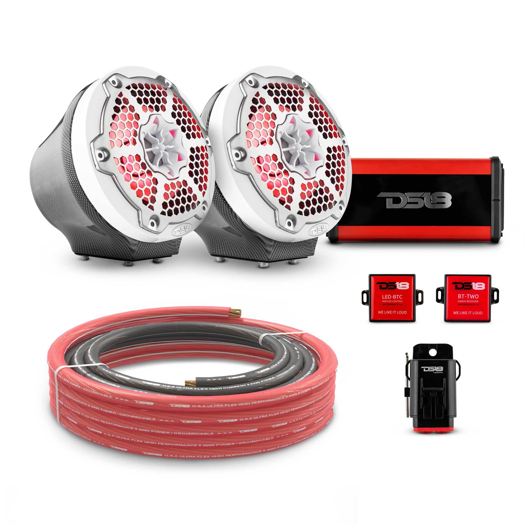 DS18 CF-JS6PKG/MWH 6.5" Loaded Flat Mount Speaker Pods with Amplifier, Installation Kit and RGB LED Lights, Package for Can-Am Spyder & Ryker — Carbon Fiber / White w/ Metal Grill — image 1