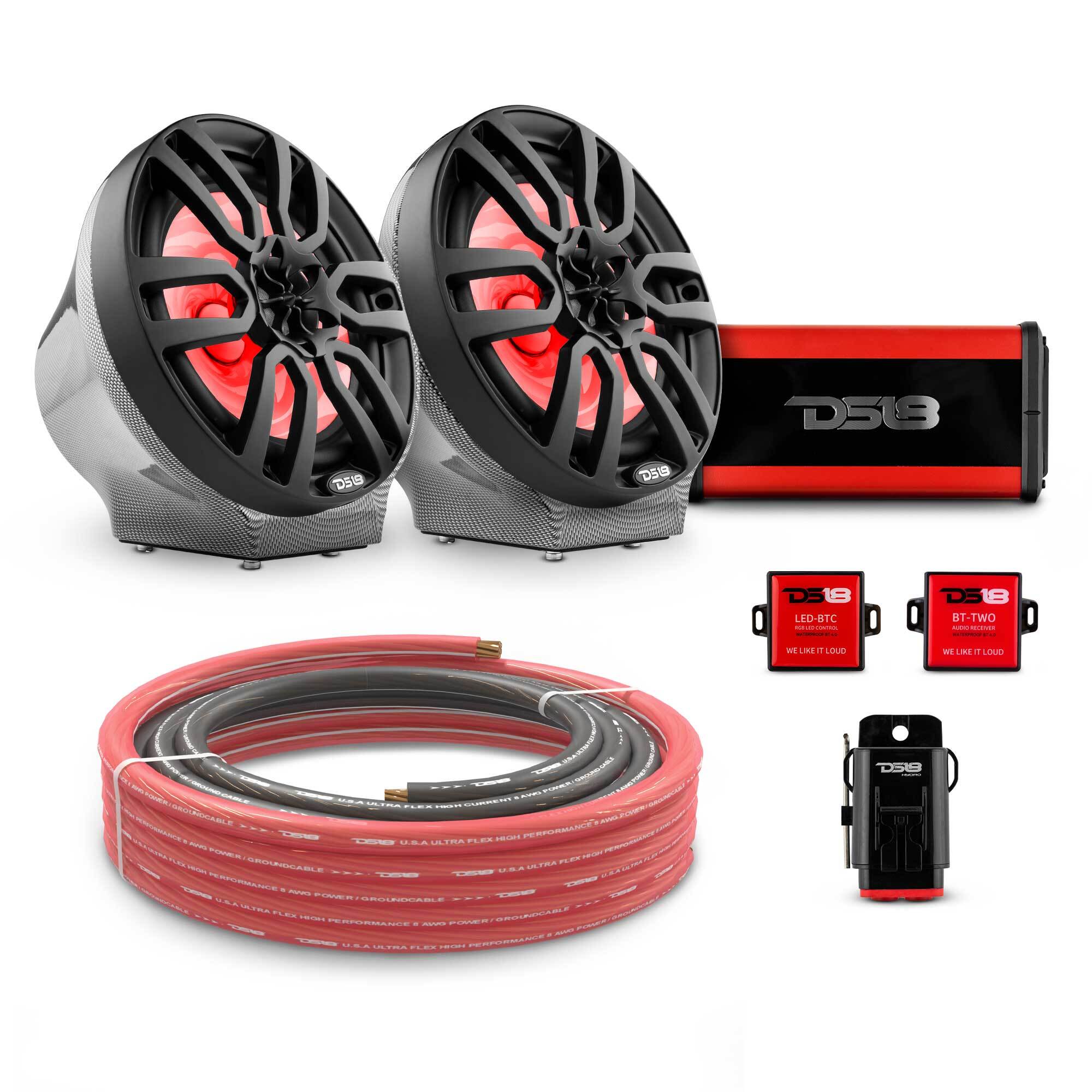 DS18 CF-JS8PKG/BK 8" Loaded Flat Mount Speaker Pods with Amplifier, Installation Kit and RGB LED Lights, Package for Can-Am Spyder & Ryker — Carbon Fiber / Black w/Plastic Grill — image 1