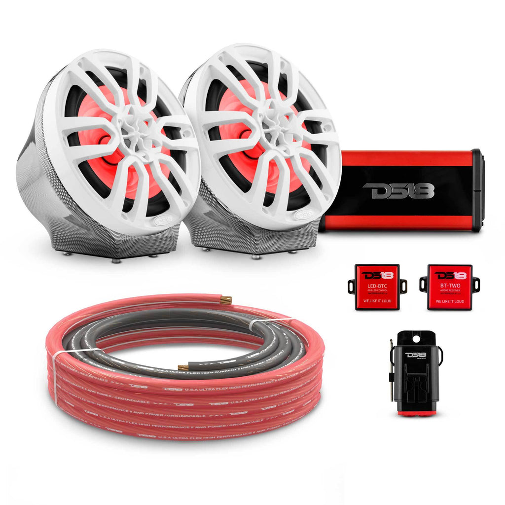 DS18 CF-JS8PKG/WH 8" Loaded Flat Mount Speaker Pods with Amplifier, Installation Kit and RGB LED Lights, Package for Can-Am Spyder & Ryker — Carbon Fiber / White w/Plastic Grill — image 1