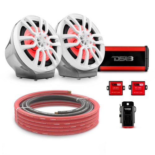 DS18 CF-JS8PKG/WH 8" Loaded Flat Mount Speaker Pods with Amplifier, Installation Kit and RGB LED Lights, Package for Can-Am Spyder & Ryker — Carbon Fiber / White w/Plastic Grill — image 1