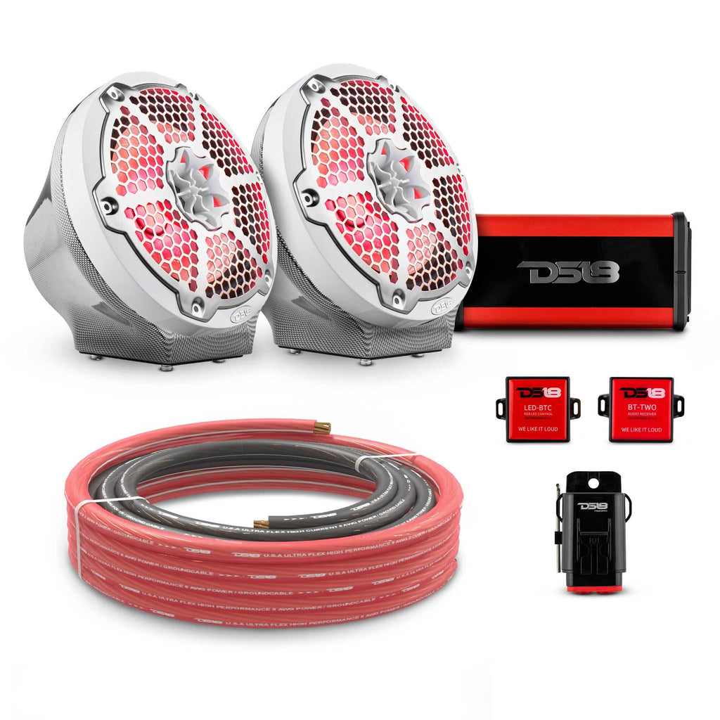 DS18 CF-JS8PKG/MWH 8" Loaded Flat Mount Speaker Pods with Amplifier, Installation Kit and RGB LED Lights, Package for Can-Am Spyder & Ryker — Carbon Fiber / White w/Metal Grill — image 1