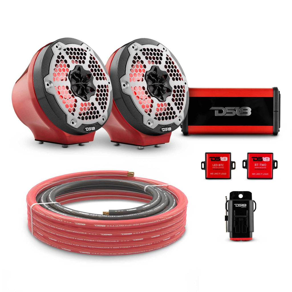 DS18 EN-JS6PKGRD/CF 6.5" Loaded Flat Mount Speaker Pods with Amplifier, Installation Kit and RGB LED Lights, Package for Can-Am Spyder & Ryker — Red / Carbon Fiber — image 1