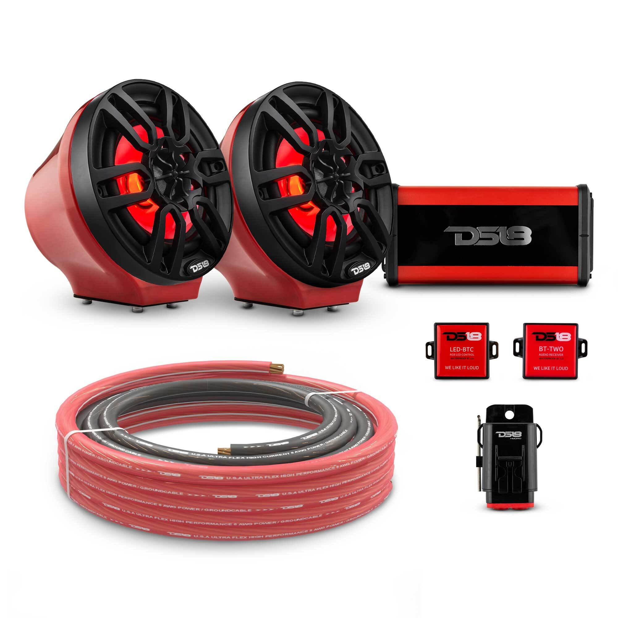 DS18 EN-JS6PKGRD/BK 6.5" Loaded Flat Mount Speaker Pods with Amplifier, Installation Kit and RGB LED Lights, Package for Can-Am Spyder & Ryker — Red / Black w/ Plastic Grill — image 1
