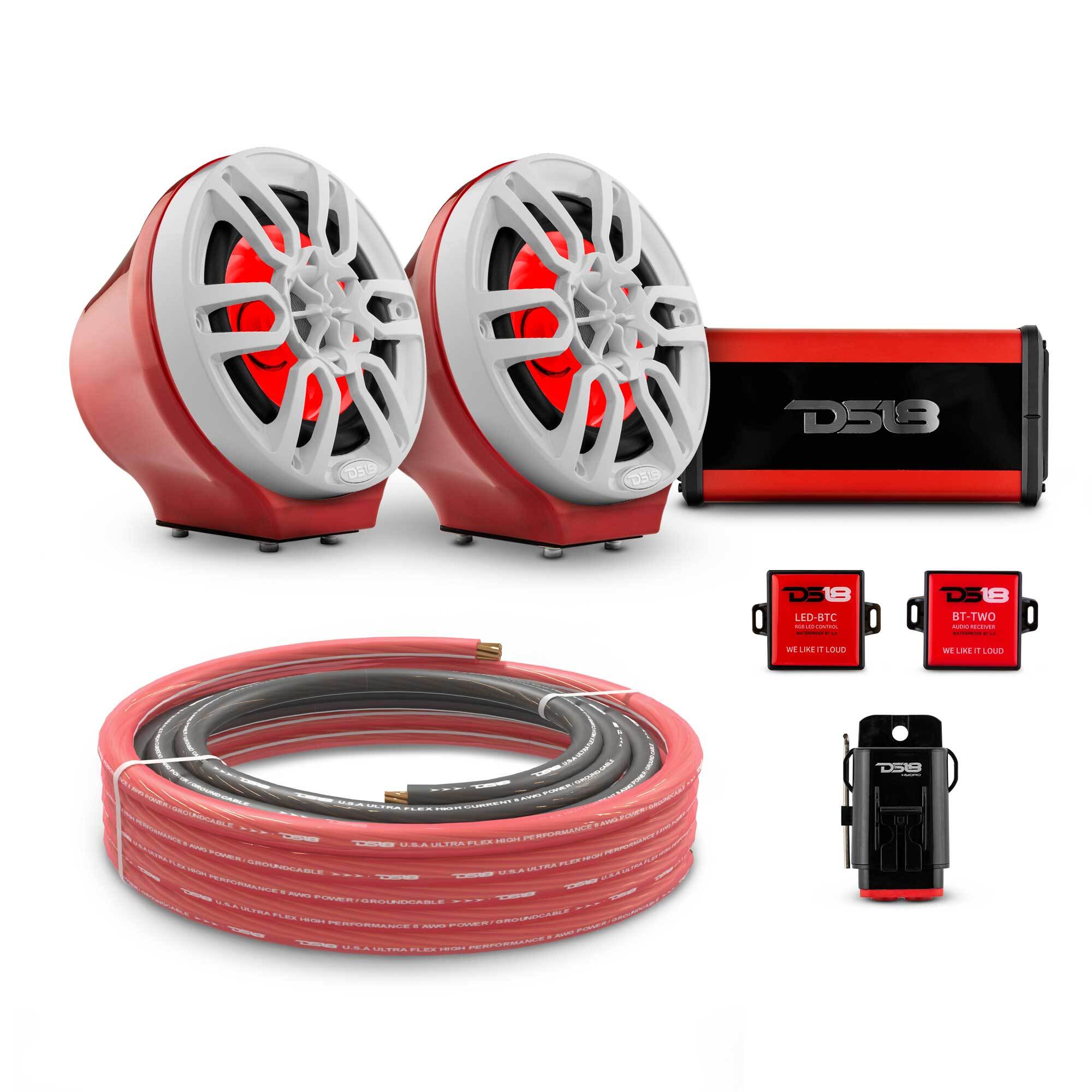 DS18 EN-JS6PKGRD/WH 6.5" Loaded Flat Mount Speaker Pods with Amplifier, Installation Kit and RGB LED Lights, Package for Can-Am Spyder & Ryker — Red / White w/ Plastic Grill — image 1