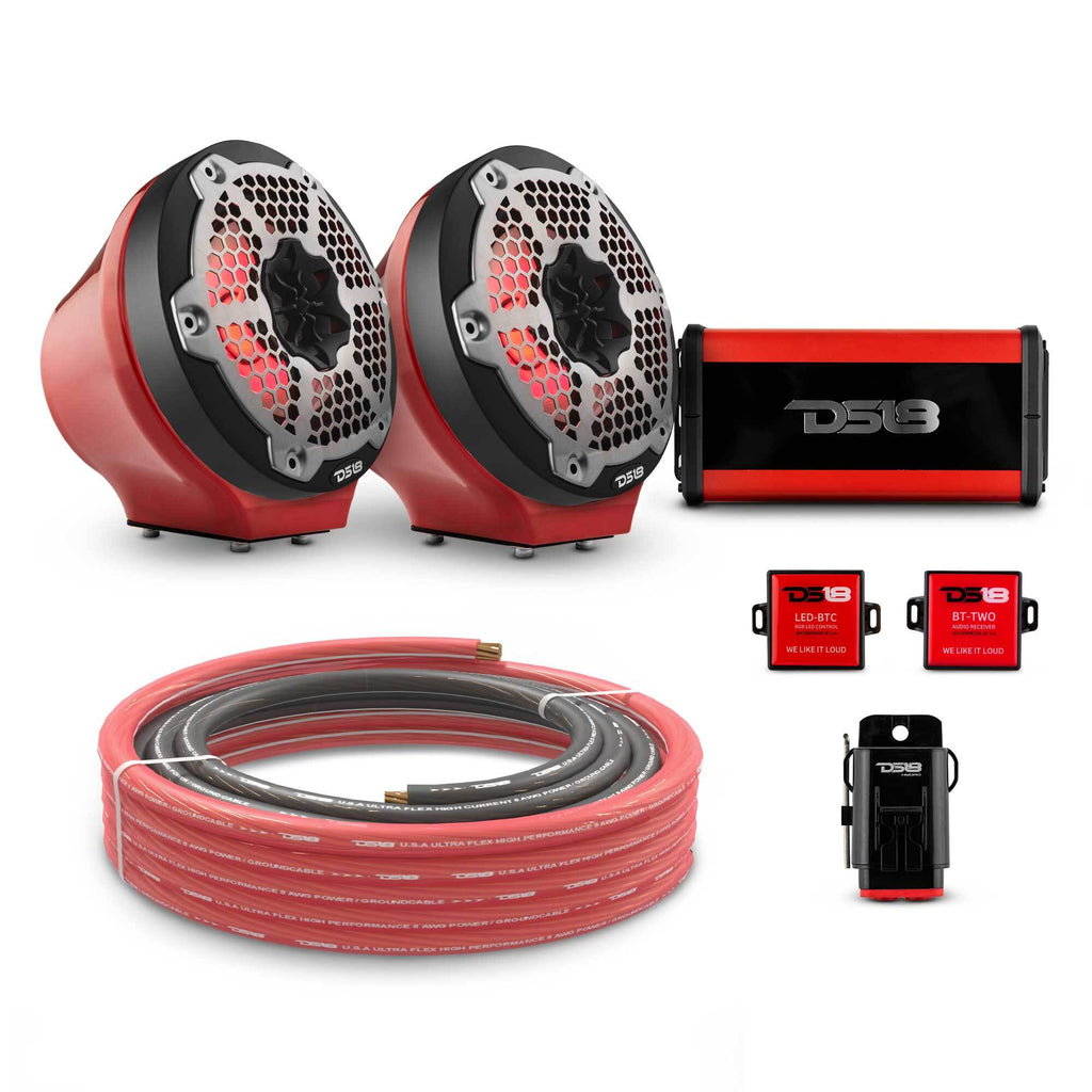 DS18 EN-JS6PKGRD/MBK 6.5" Loaded Flat Mount Speaker Pods with Amplifier, Installation Kit and RGB LED Lights, Package for Can-Am Spyder & Ryker — Red / Black w/ Metal Grill — image 1