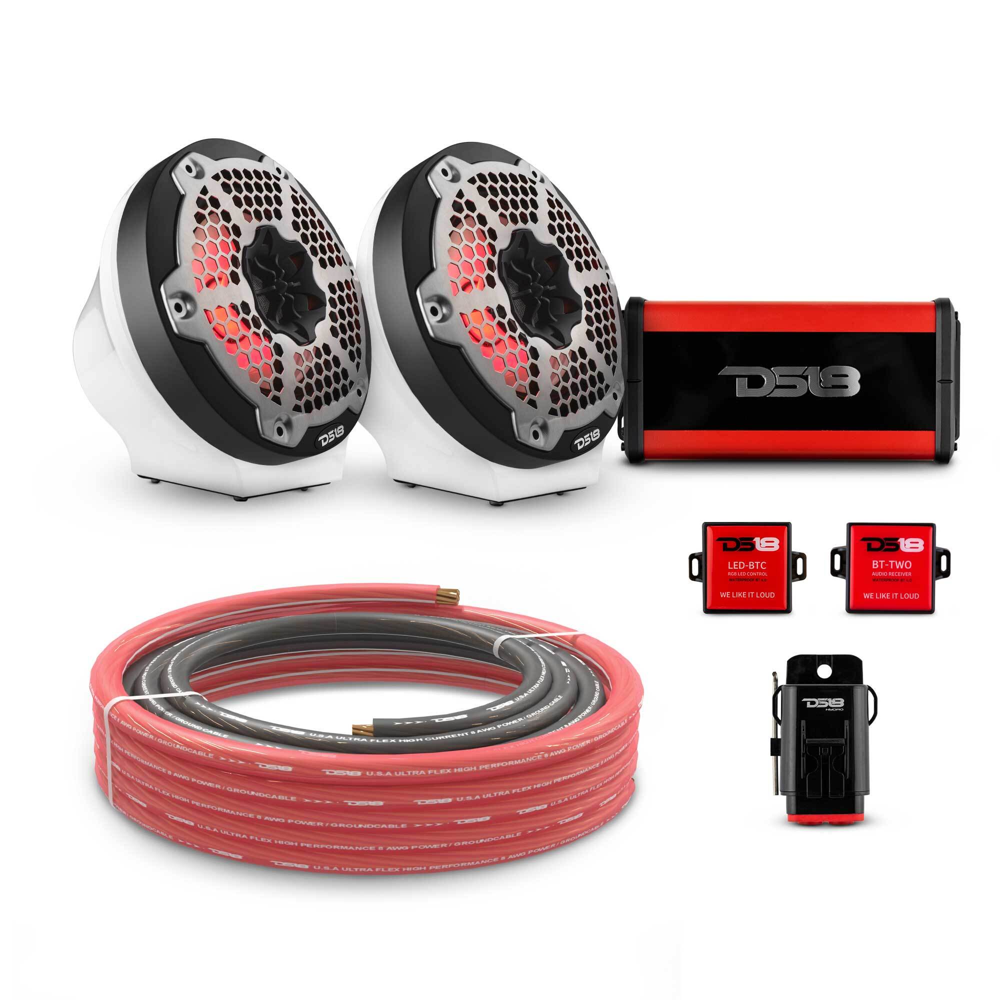 DS18 EN-JS6PKGWH/MBK 6.5" Loaded Flat Mount Speaker Pods with Amplifier, Installation Kit and RGB LED Lights, Package for Can-Am Spyder & Ryker — White / Black w/ Metal Grill — image 1