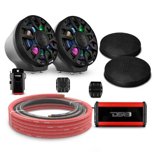 DS18 EN-JS6PKGBK/IQBK 6.5" Loaded Flat Mount Speaker Pods with Amplifier, Installation Kit and Digital LED Lights, Package for Can-Am Spyder & Ryker — Black / Black w/ Plastic Grill — image 1