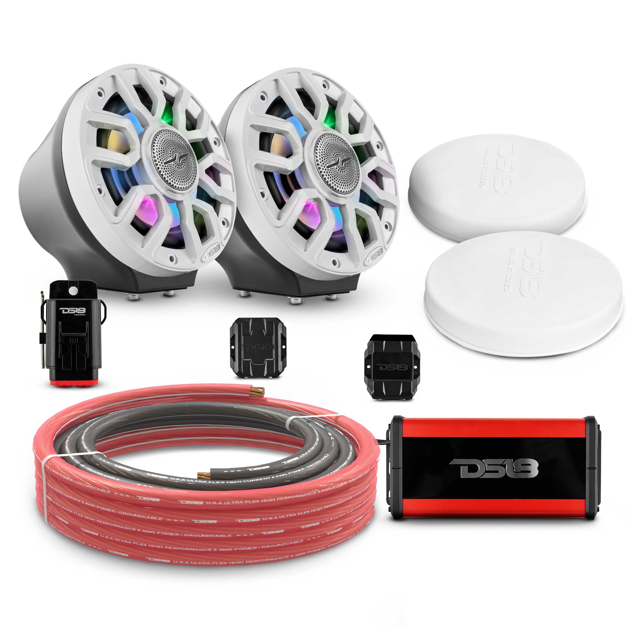 DS18 EN-JS6PKGBK/IQWH 6.5" Loaded Flat Mount Speaker Pods with Amplifier, Installation Kit and Digital LED Lights, Package for Can-Am Spyder & Ryker — Black / White w/ Plastic Grill — image 1
