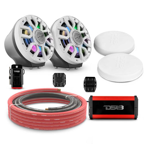DS18 EN-JS6PKGBK/IQWH 6.5" Loaded Flat Mount Speaker Pods with Amplifier, Installation Kit and Digital LED Lights, Package for Can-Am Spyder & Ryker — Black / White w/ Plastic Grill — image 1