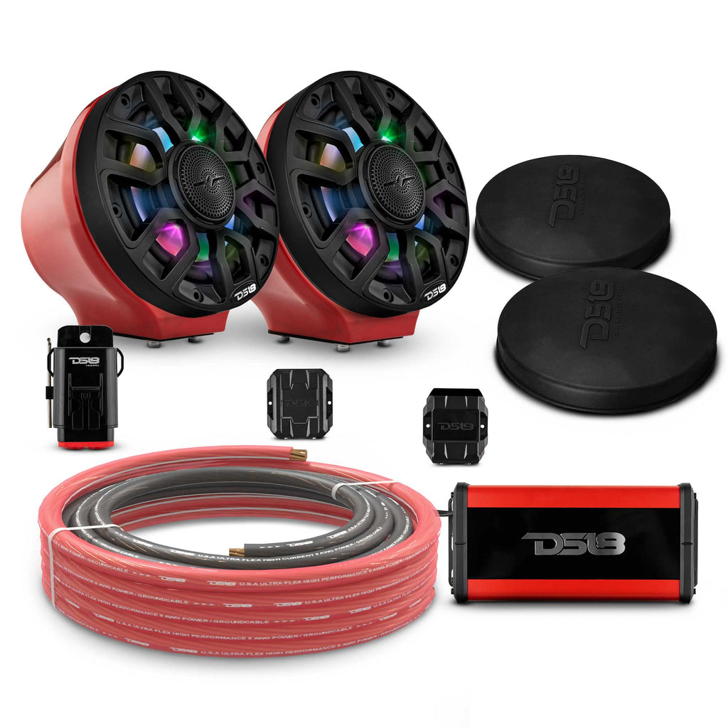 DS18 EN-JS6PKGRD/IQBK 6.5" Loaded Flat Mount Speaker Pods with Amplifier, Installation Kit and Digital LED Lights, Package for Can-Am Spyder & Ryker — Red / Black w/ Plastic Grill — image 1