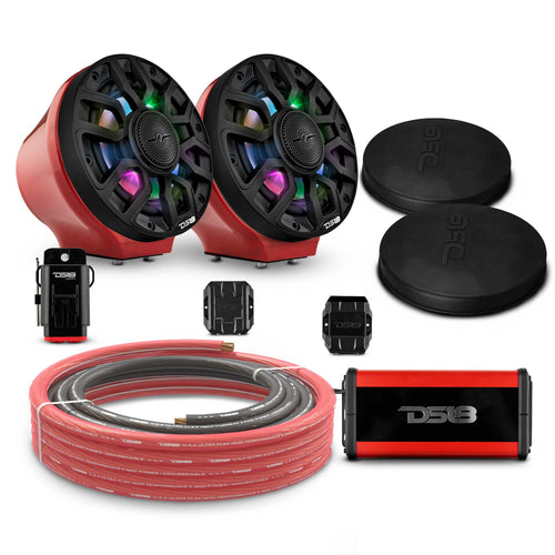 DS18 EN-JS6PKGRD/IQBK 6.5" Loaded Flat Mount Speaker Pods with Amplifier, Installation Kit and Digital LED Lights, Package for Can-Am Spyder & Ryker — Red / Black w/ Plastic Grill — image 1