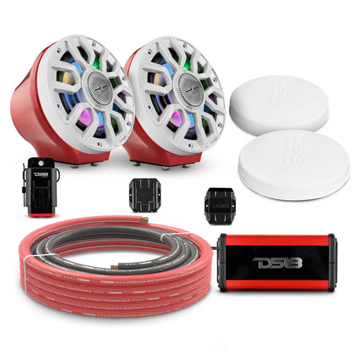 DS18 EN-JS6PKGRD/IQWH 6.5" Loaded Flat Mount Speaker Pods with Amplifier, Installation Kit and Digital LED Lights, Package for Can-Am Spyder & Ryker — Red / White w/ Plastic Grill — image 1