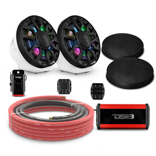 DS18 EN-JS6PKGWH/IQBK 6.5" Loaded Flat Mount Speaker Pods with Amplifier, Installation Kit and Digital LED Lights, Package for Can-Am Spyder & Ryker — White / Black w/ Plastic Grill — image 1