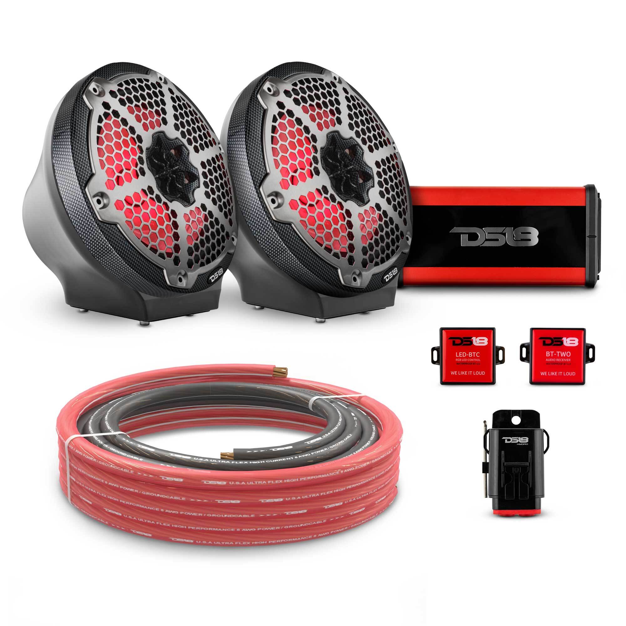 DS18 EN-JS8PKGBK/CF 8" Loaded Flat Mount Speaker Pods with Amplifier, Installation Kit and RGB LED Lights, Package for Can-Am Spyder & Ryker — Black / Carbon Fiber — image 1