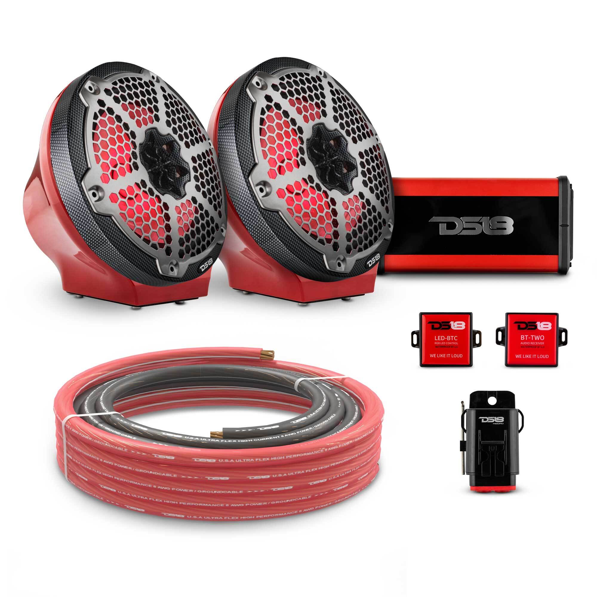 DS18 EN-JS8PKGRD/CF 8" Loaded Flat Mount Speaker Pods with Amplifier, Installation Kit and RGB LED Lights, Package for Can-Am Spyder & Ryker — Red / Carbon Fiber — image 1