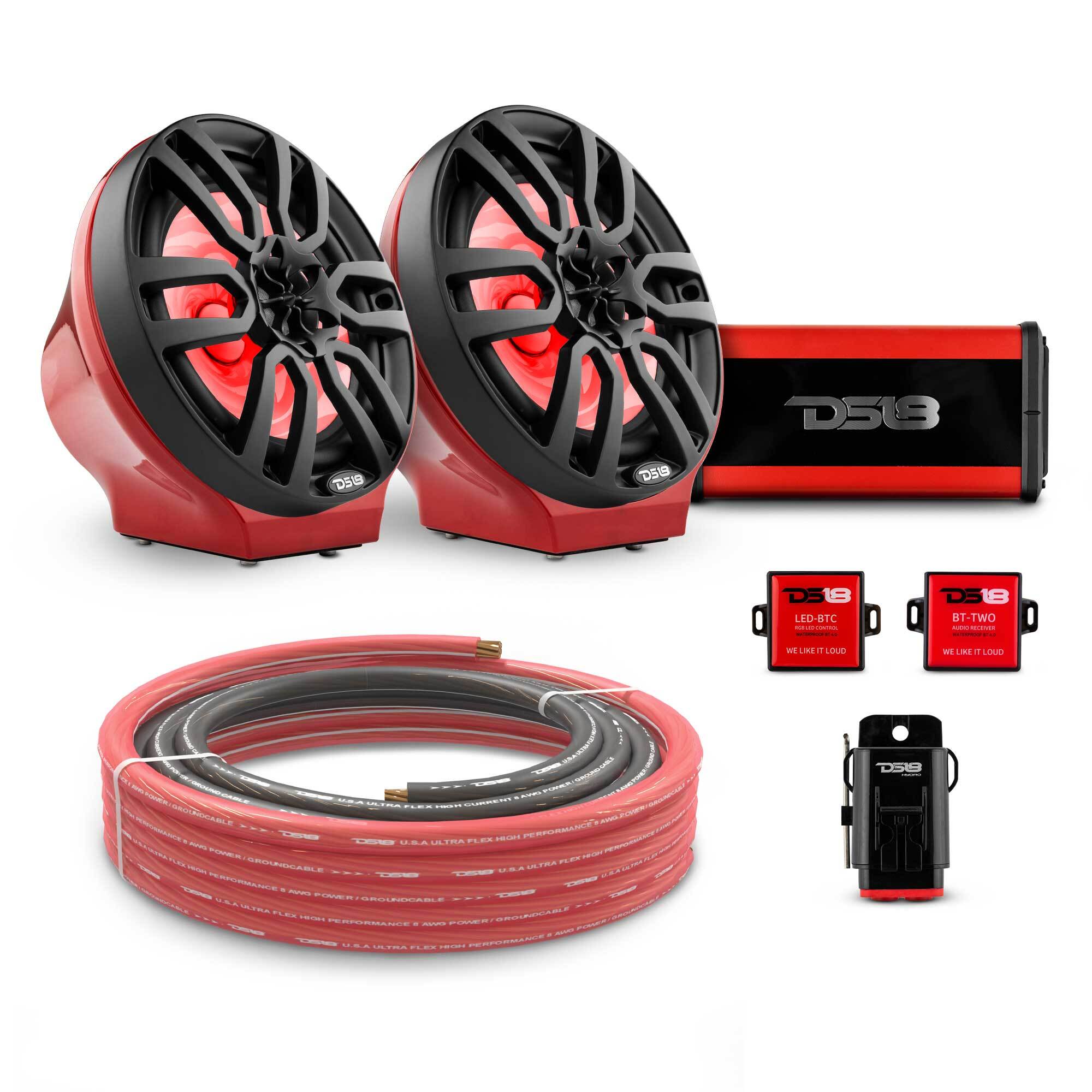 DS18 EN-JS8PKGRD/BK 8" Loaded Flat Mount Speaker Pods with Amplifier, Installation Kit and RGB LED Lights, Package for Can-Am Spyder & Ryker — Red / Black w/Plastic Grill — image 1