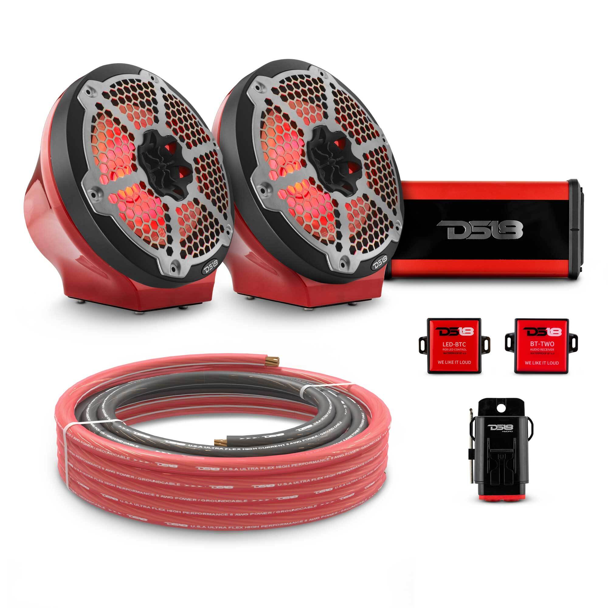 DS18 EN-JS8PKGRD/MBK 8" Loaded Flat Mount Speaker Pods with Amplifier, Installation Kit and RGB LED Lights, Package for Can-Am Spyder & Ryker — Red / Black w/Metal Grill — image 1