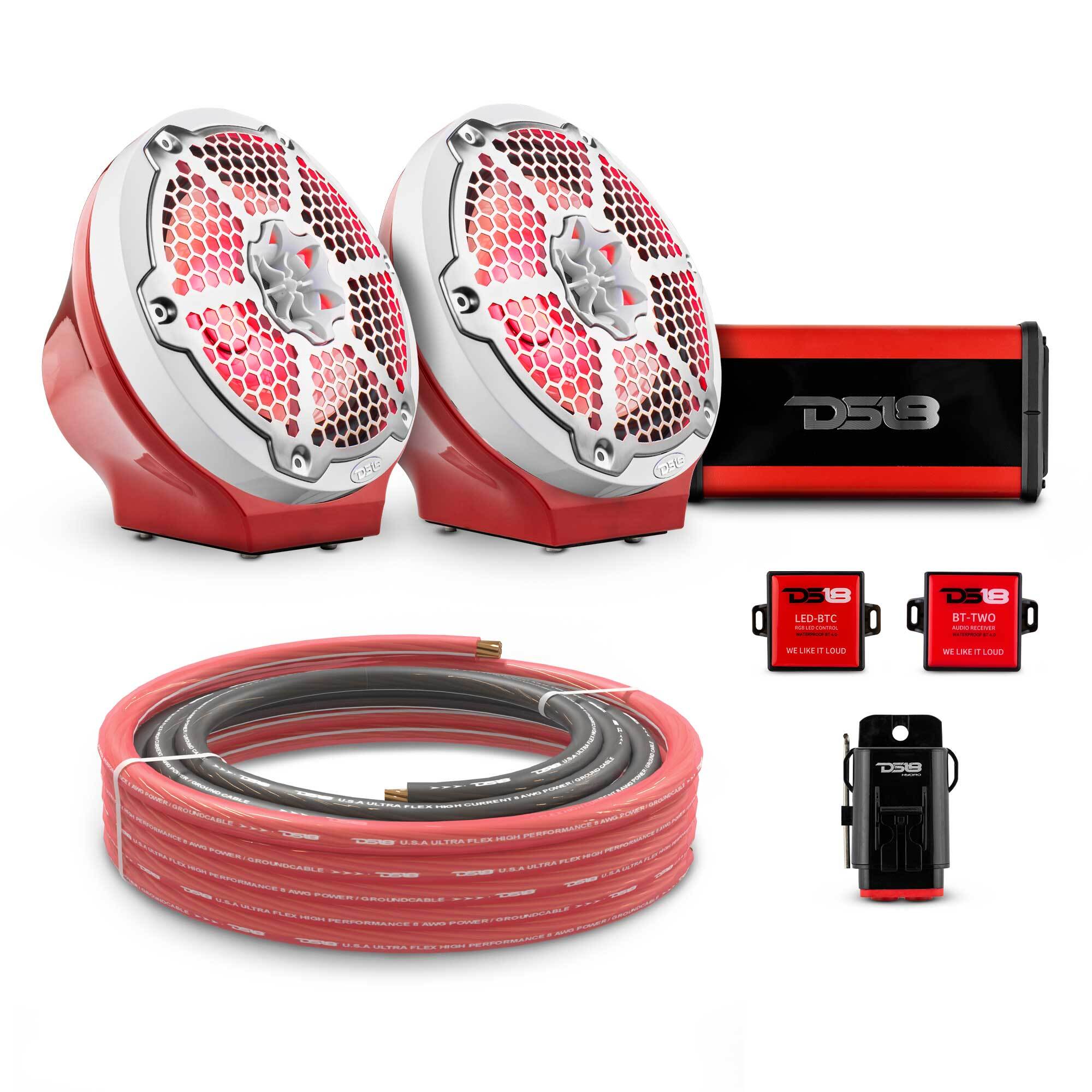 DS18 EN-JS8PKGRD/MWH 8" Loaded Flat Mount Speaker Pods with Amplifier, Installation Kit and RGB LED Lights, Package for Can-Am Spyder & Ryker — Red / White w/Metal Grill — image 1