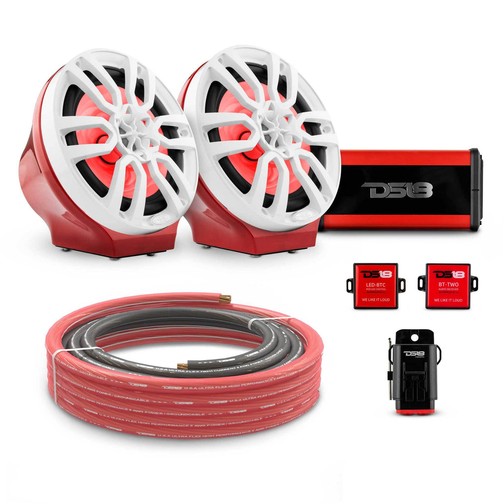 DS18 EN-JS8PKGRD/WH 8" Loaded Flat Mount Speaker Pods with Amplifier, Installation Kit and RGB LED Lights, Package for Can-Am Spyder & Ryker — Red / White w/Plastic Grill — image 1