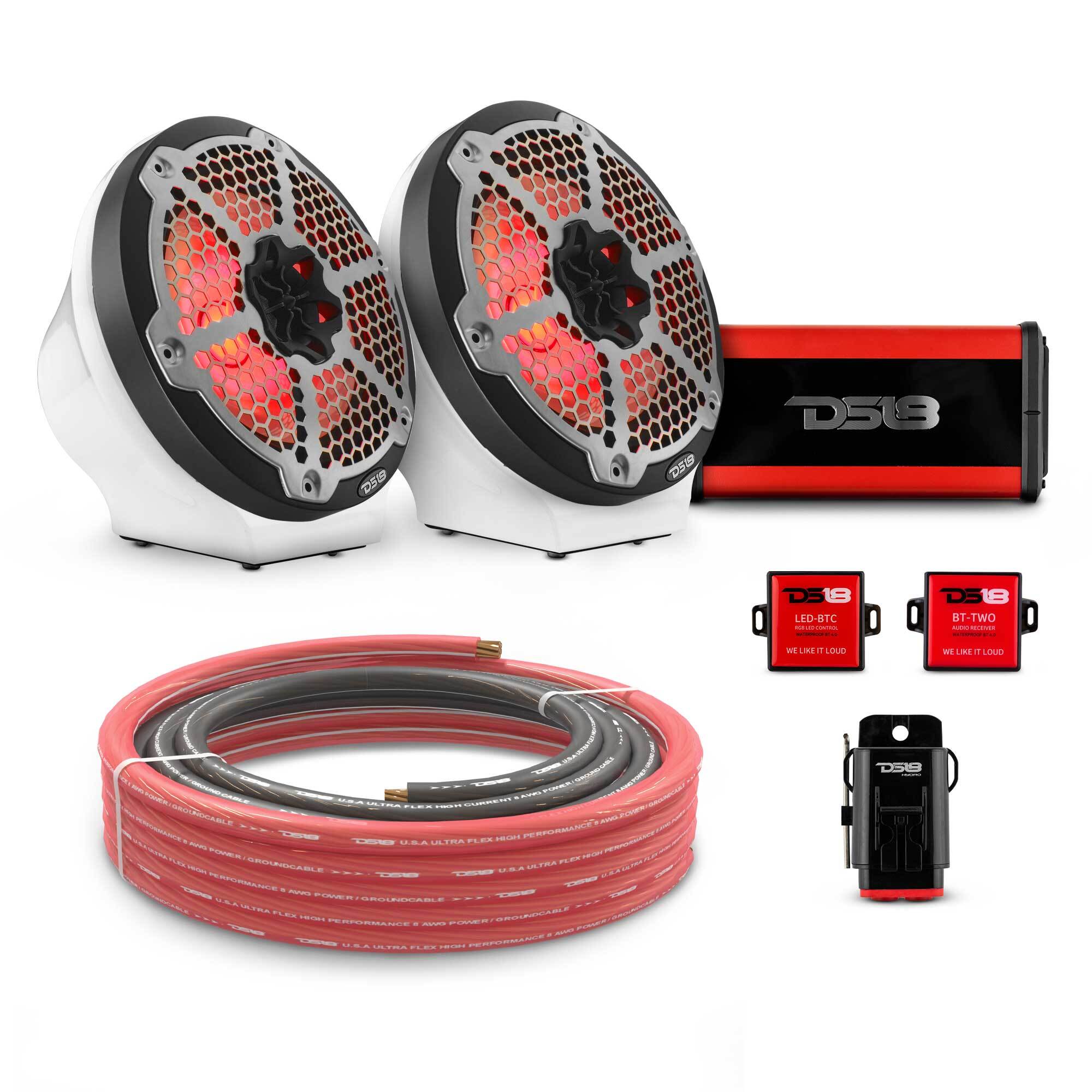 DS18 EN-JS8PKGWH/MBK 8" Loaded Flat Mount Speaker Pods with Amplifier, Installation Kit and RGB LED Lights, Package for Can-Am Spyder & Ryker — White / Black w/Metal Grill — image 1