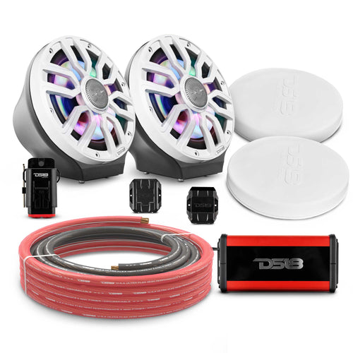 DS18 EN-JS8PKGBK/IQWH 8" Loaded Flat Mount Speaker Pods with Amplifier, Installation Kit and Digital LED Lights, Package for Can-Am Spyder & Ryker — Black / White w/Plastic Grill — image 1