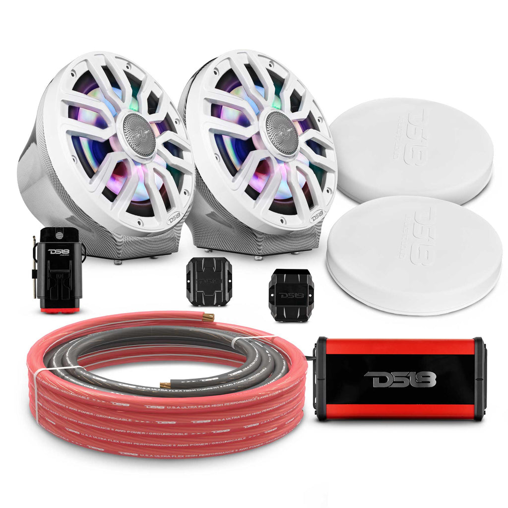 DS18 CF-JS8PKG/IQWH 8" Loaded Flat Mount Speaker Pods with Amplifier, Installation Kit and Digital LED Lights, Package for Can-Am Spyder & Ryker — Carbon Fiber / White w/Plastic Grill — image 1