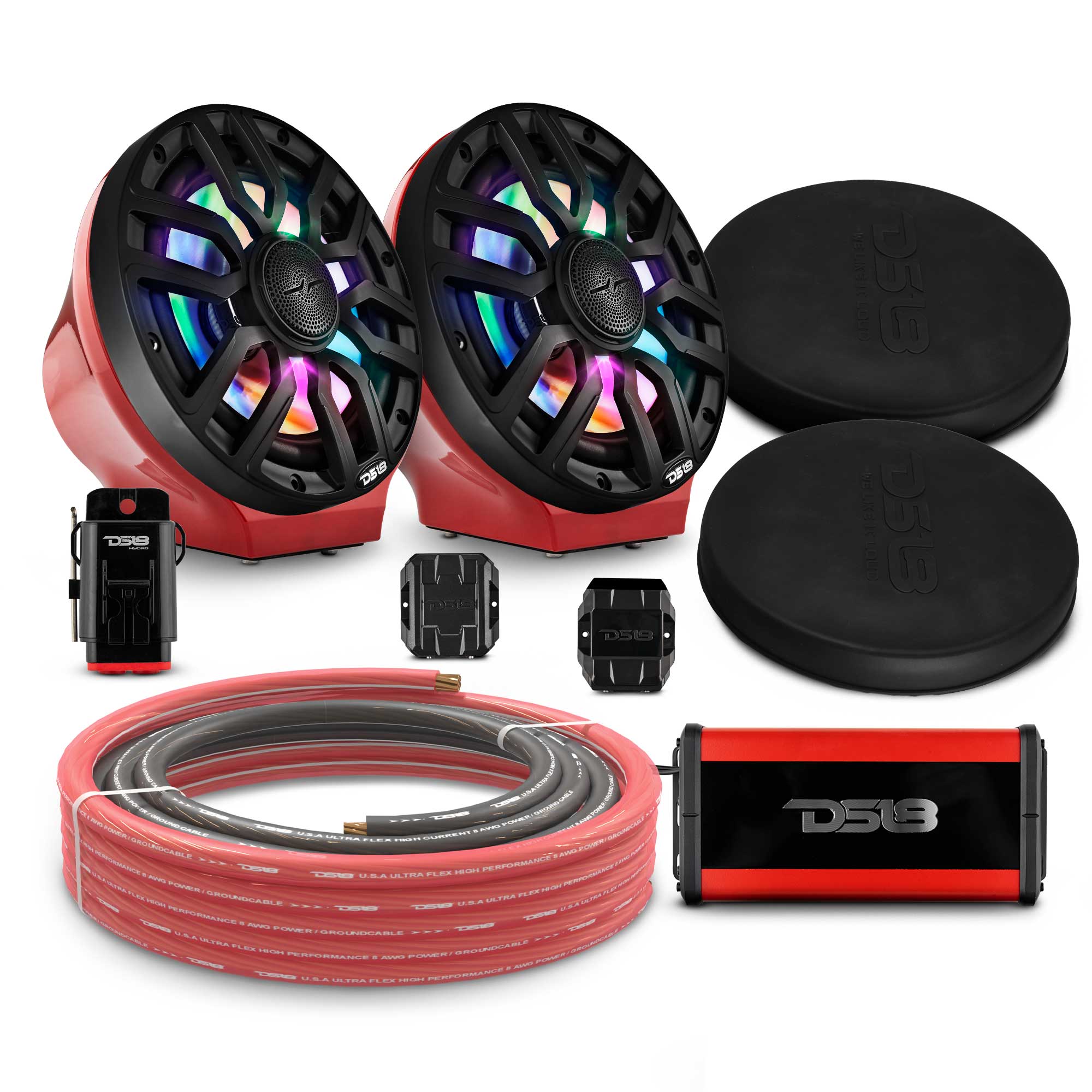 DS18 EN-JS8PKGRD/IQBK 8" Loaded Flat Mount Speaker Pods with Amplifier, Installation Kit and Digital LED Lights, Package for Can-Am Spyder & Ryker — Red / Black w/Plastic Grill — image 1