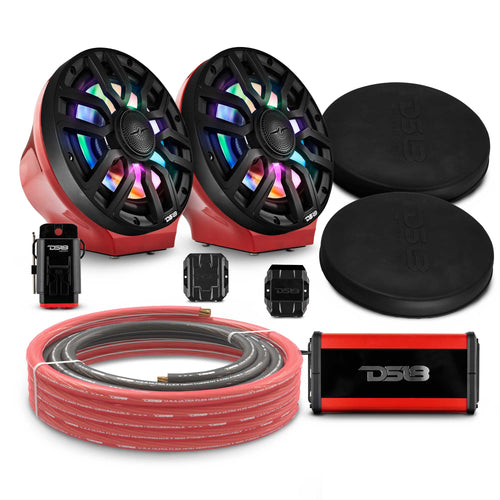 DS18 EN-JS8PKGRD/IQBK 8" Loaded Flat Mount Speaker Pods with Amplifier, Installation Kit and Digital LED Lights, Package for Can-Am Spyder & Ryker — Red / Black w/Plastic Grill — image 1