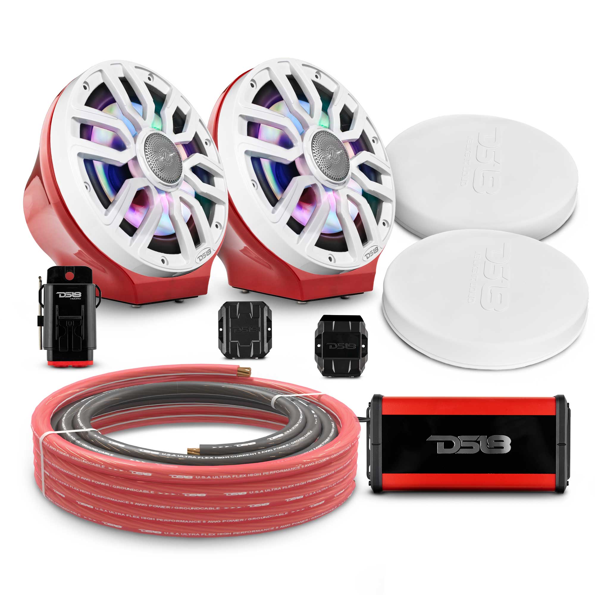 DS18 EN-JS8PKGRD/IQWH 8" Loaded Flat Mount Speaker Pods with Amplifier, Installation Kit and Digital LED Lights, Package for Can-Am Spyder & Ryker — Red / White w/Plastic Grill — image 1