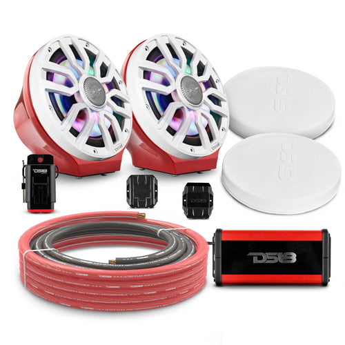 DS18 EN-JS8PKGRD/IQWH 8" Loaded Flat Mount Speaker Pods with Amplifier, Installation Kit and Digital LED Lights, Package for Can-Am Spyder & Ryker — Red / White w/Plastic Grill — image 1