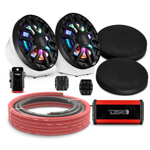 DS18 EN-JS8PKGWH/IQBK 8" Loaded Flat Mount Speaker Pods with Amplifier, Installation Kit and Digital LED Lights, Package for Can-Am Spyder & Ryker — White / Black w/Plastic Grill — image 1