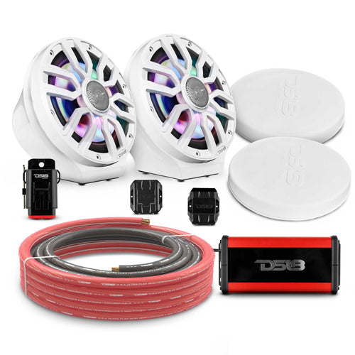DS18 EN-JS8PKGWH/IQWH 8" Loaded Flat Mount Speaker Pods with Amplifier, Installation Kit and Digital LED Lights, Package for Can-Am Spyder & Ryker — White / White w/Plastic Grill — image 1