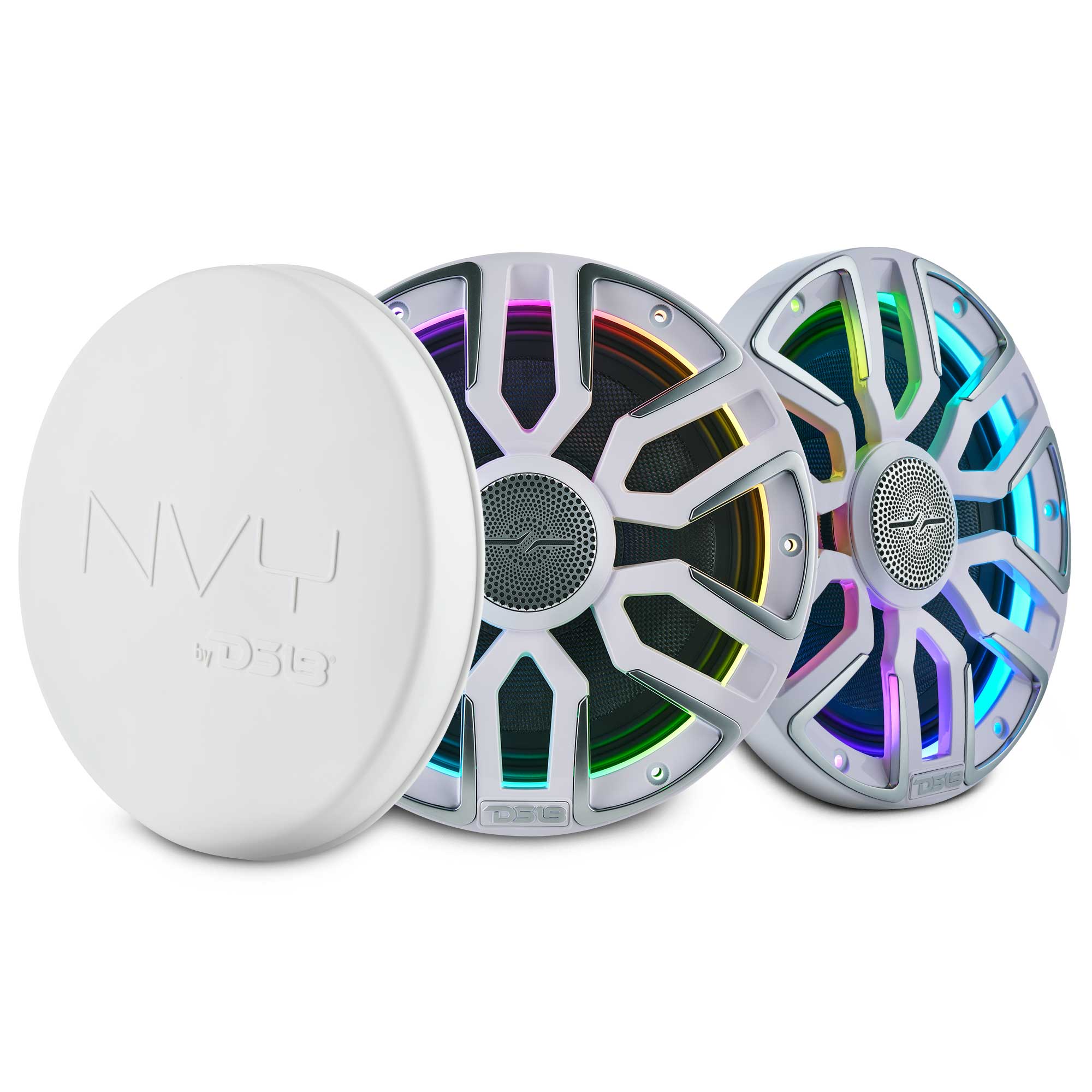DS18 NVY-M8/WH 8” Marine Coaxial Speaker With Kevlar Cone, Bullet Tweeter, Neodymium Magnet, and Digital LED Lights | 200W RMS 4-Ohm — image 1