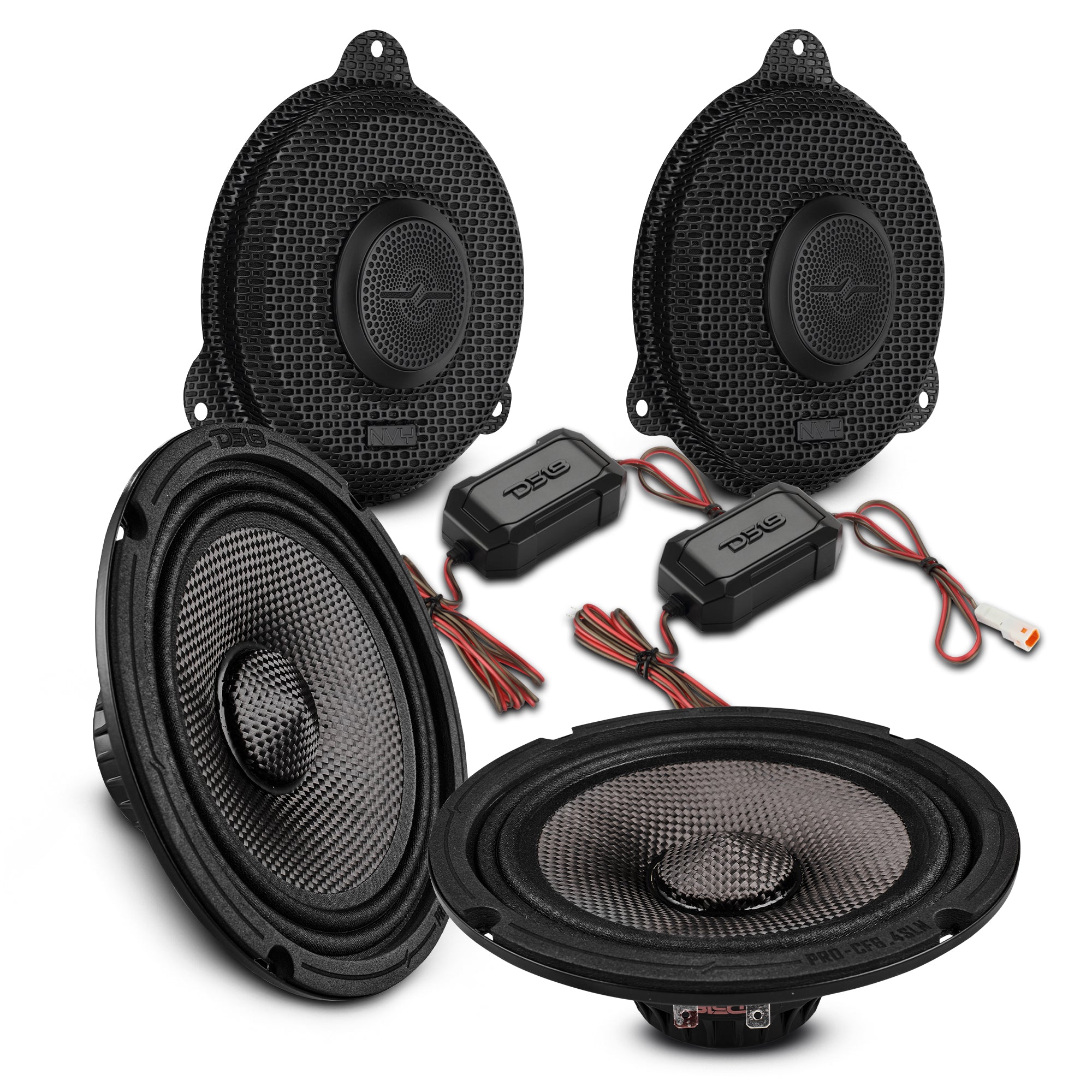 DS18 PRO-CF6.4SLN.2pk + NVY-HDGSGTW.1423LD Harley-Davidson Street Glide 2014–2023 Front Stage Audio Upgrade Kit | 6.5" Slim Midrange Speakers + Bullet Tweeter NVY Grilles — image 1