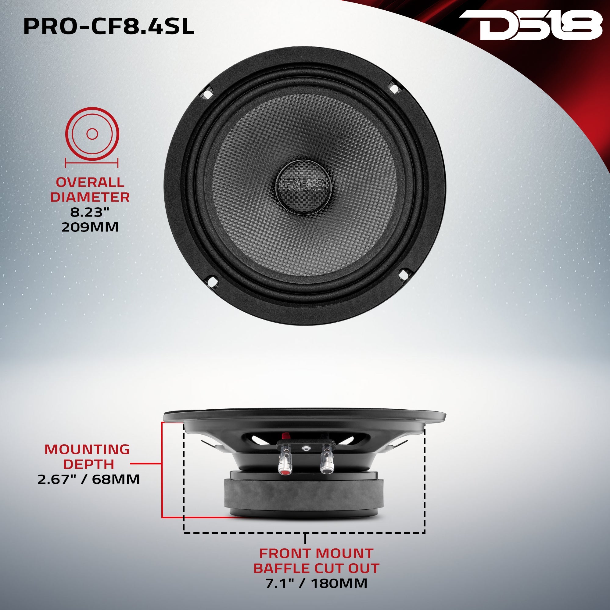 DS18 PRO-CF8.4SL PRO 8" Shallow Carbon Fiber Water resistant Cone Mid-Bass Loudspeaker 275 Watts Rms 4-Ohm — image 7