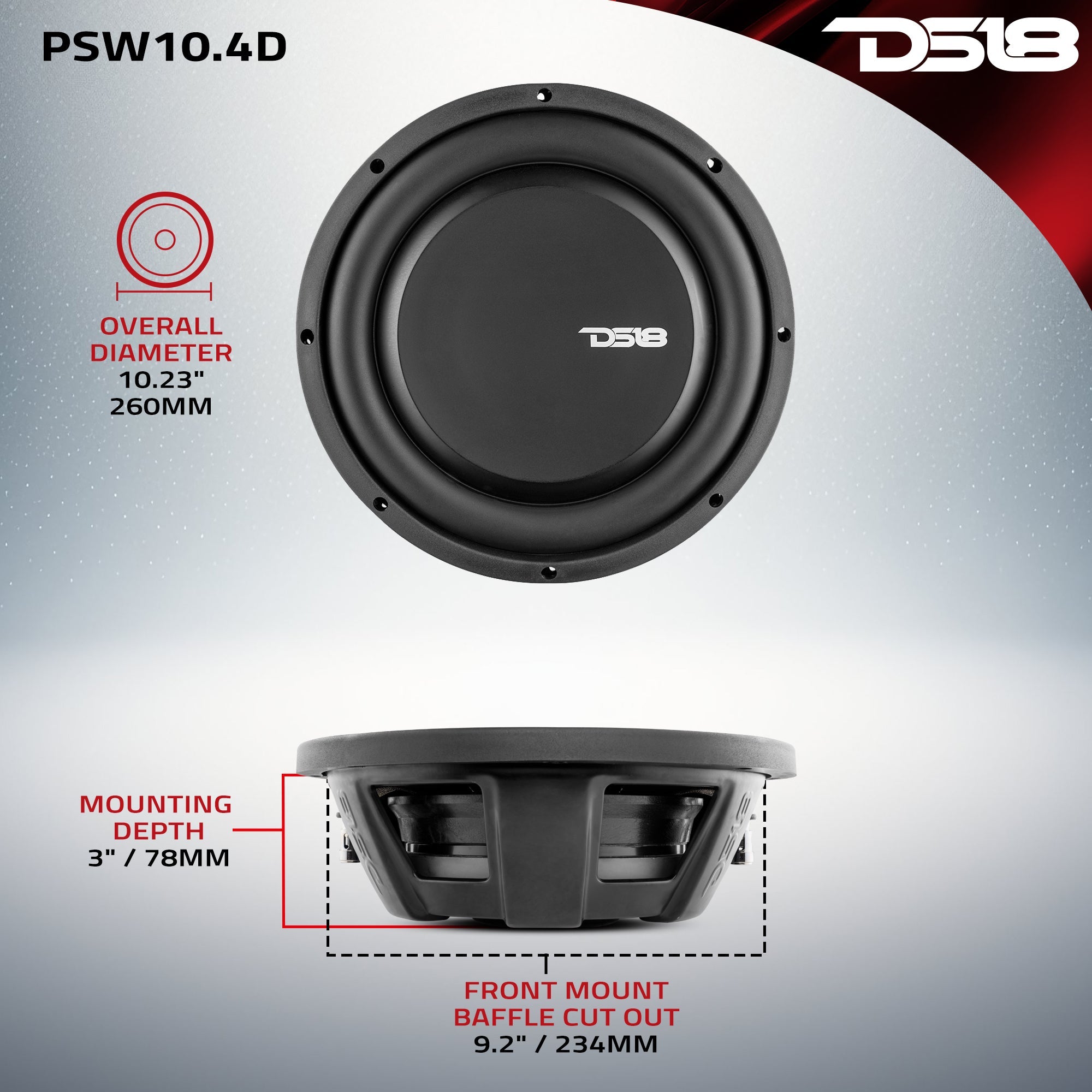 DS18 PSW10.4D PS Shallow-Mount Water Resistant 10" Subwoofer | 500W RMS DVC 4-Ohm — image 6