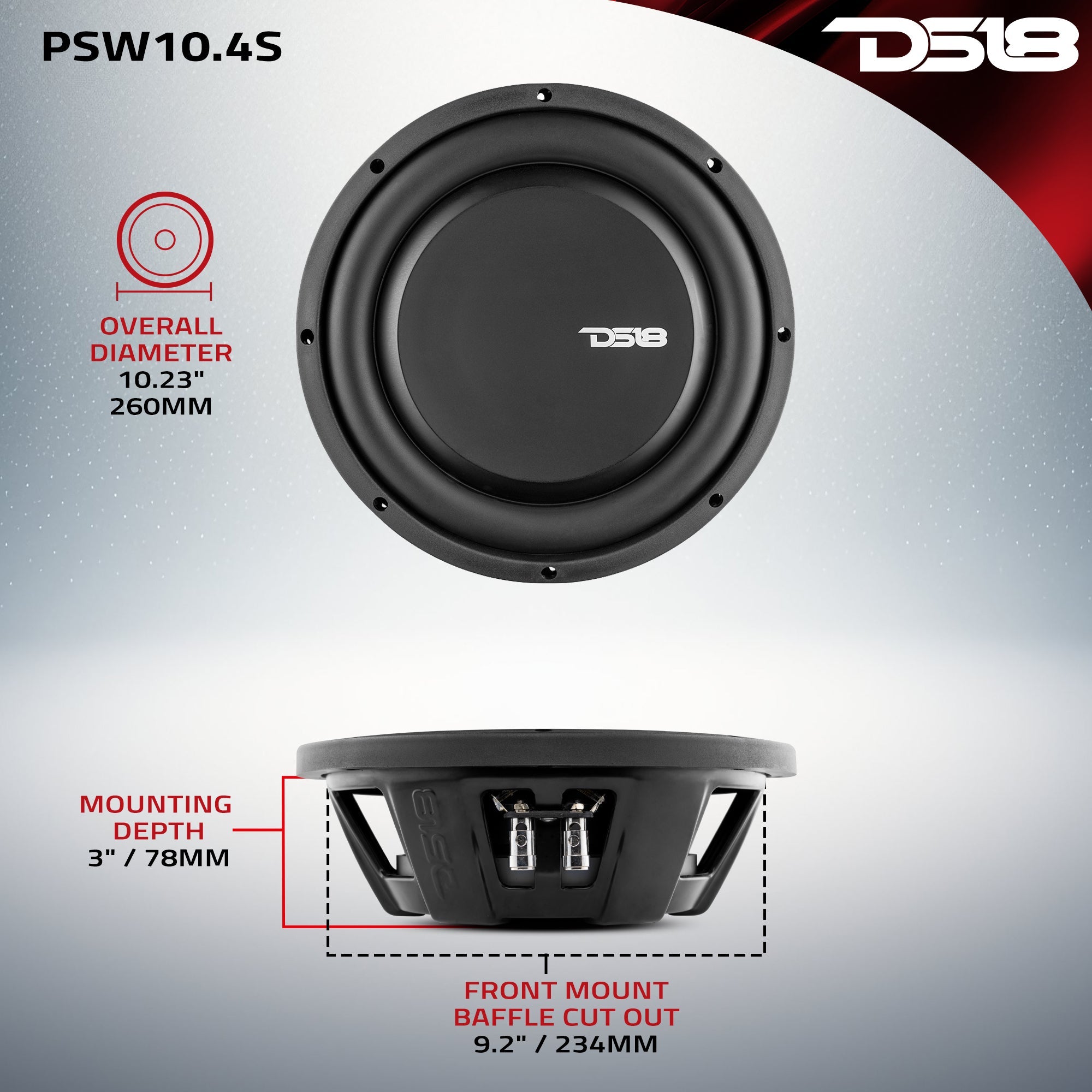 DS18 PSW10.4S PS Shallow-Mount Water Resistant 10" Subwoofer | 500W RMS Single Voice Coil 4-Ohm — image 6