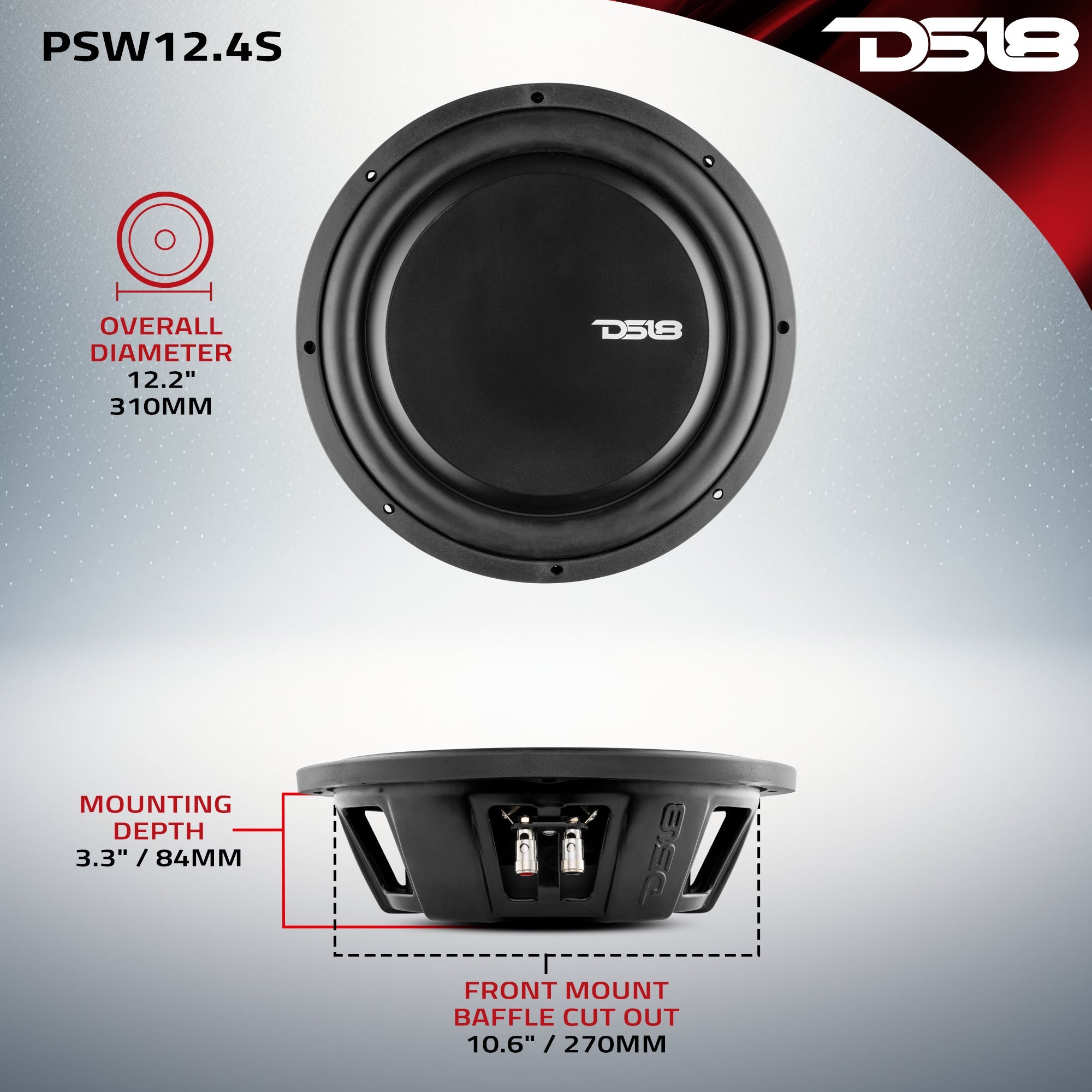 DS18 PSW12.4S PS Shallow-Mount Water Resistant 12" Subwoofer | 600W RMS Single Voice Coil 4-Ohm — image 6