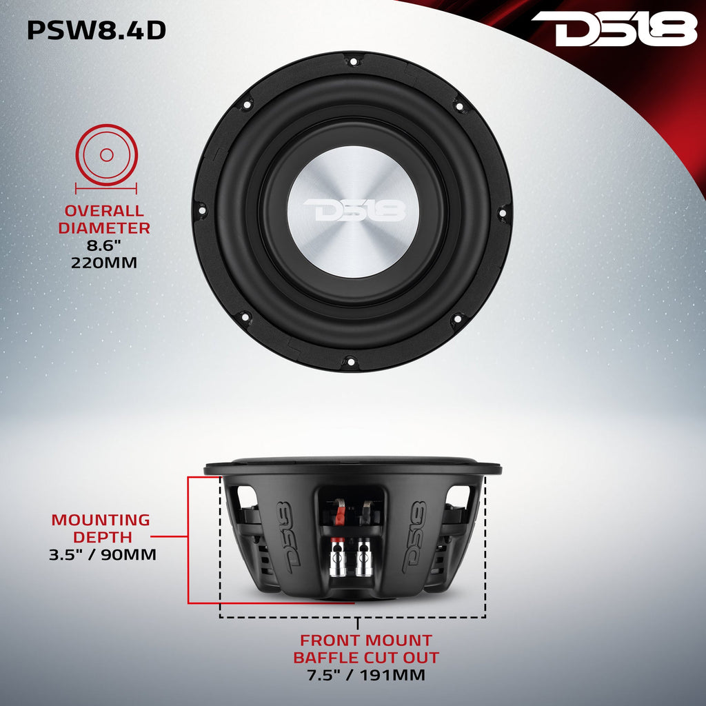DS18 PSW8.4D PS Shallow-Mount Water-Resistant 8" Subwoofer | 400W RMS DVC 4-Ohm — image 7
