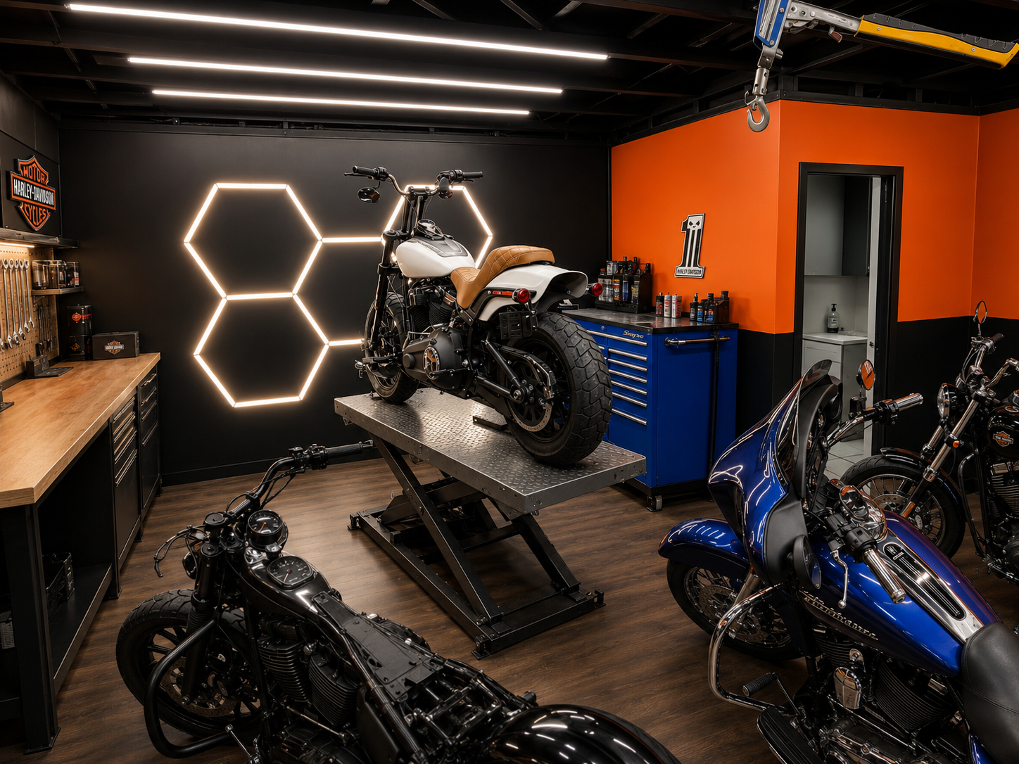 Custom V-twin motorcycle on a lift inside American V-Twin