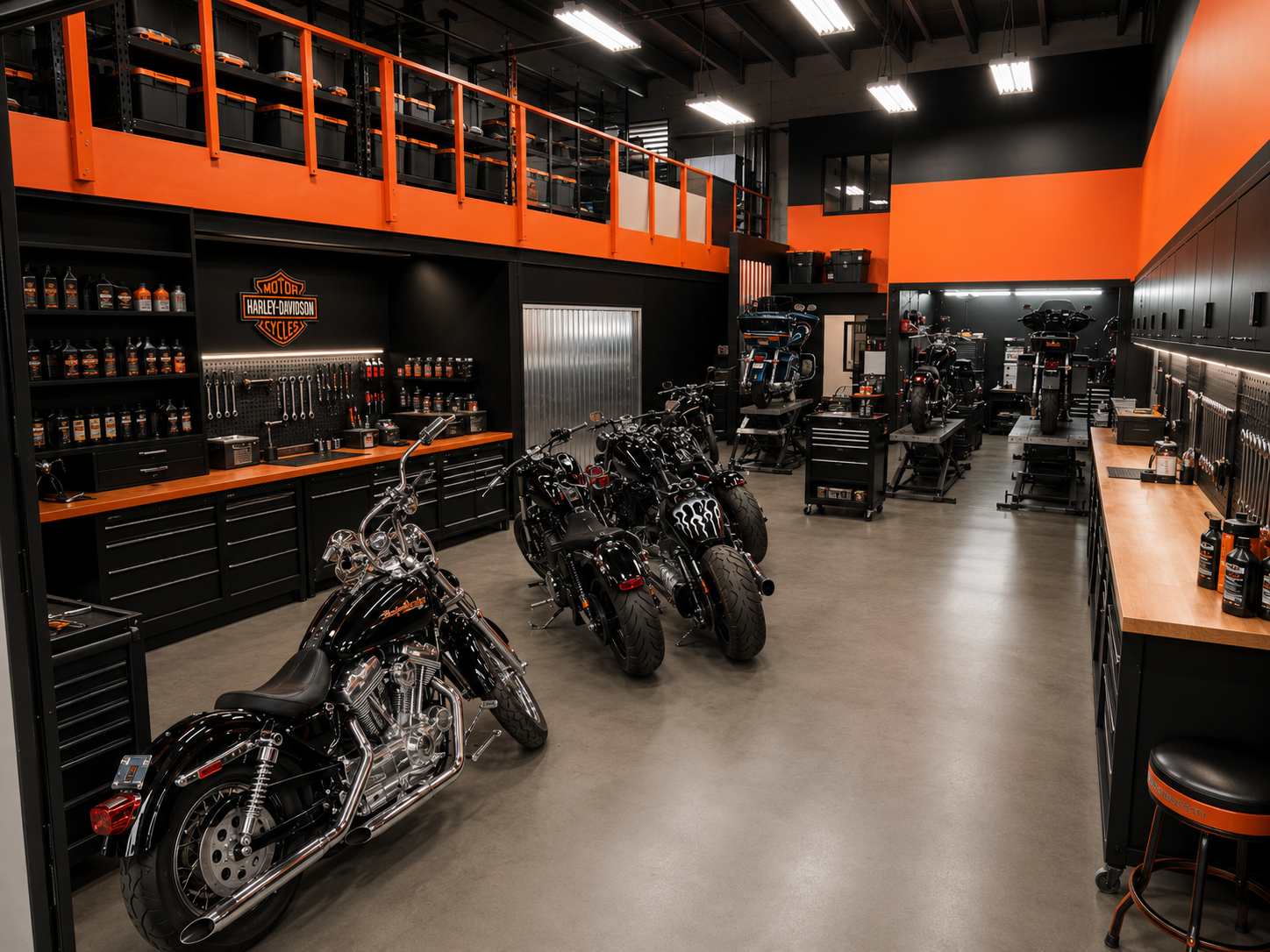 Harley-Davidson motorcycles on lifts inside the American V-Twin workshop